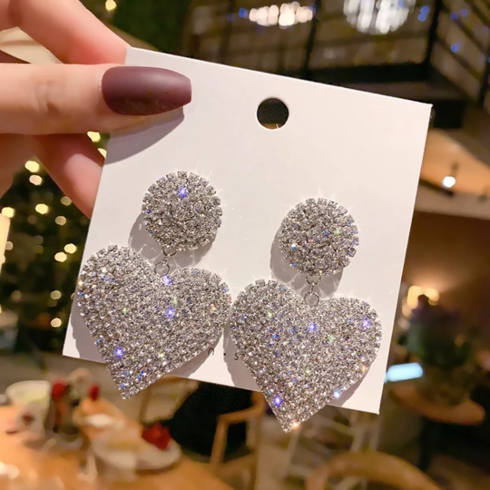 Sparkling Heart Drop Earrings - Silver Crystal